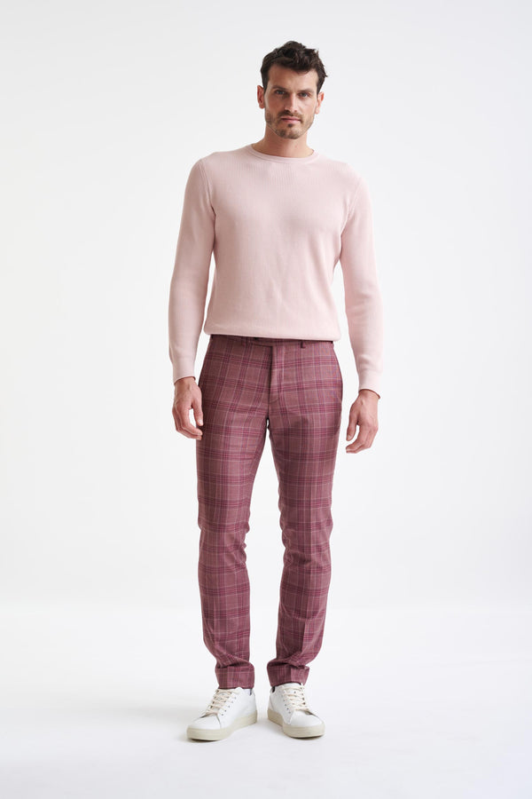 Scabal Pink Check Burgundy Super 130's Wool Farley Trousers Mosaic