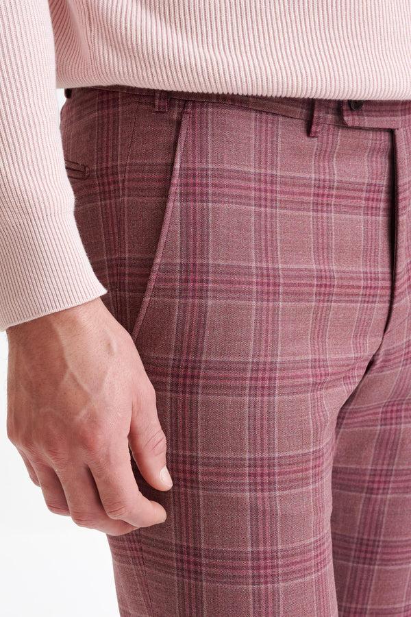 Scabal Pink Check Burgundy Super 130's Wool Farley Trousers Mosaic