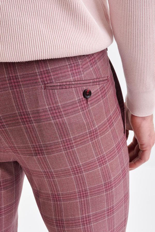 Scabal Pink Check Burgundy Super 130's Wool Farley Trousers Mosaic