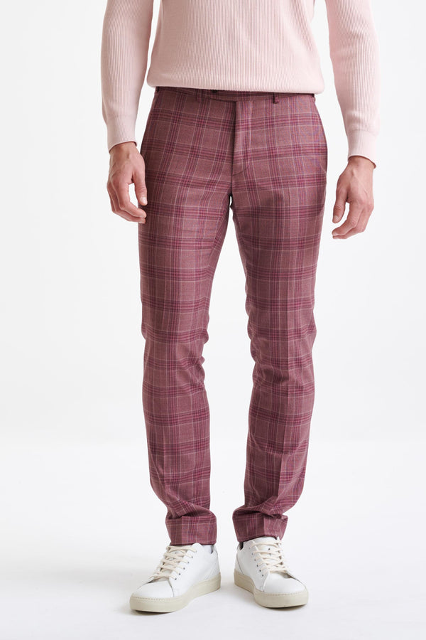 scabal Pink Check Burgundy Super 130's Wool Farley Trousers Mosaic