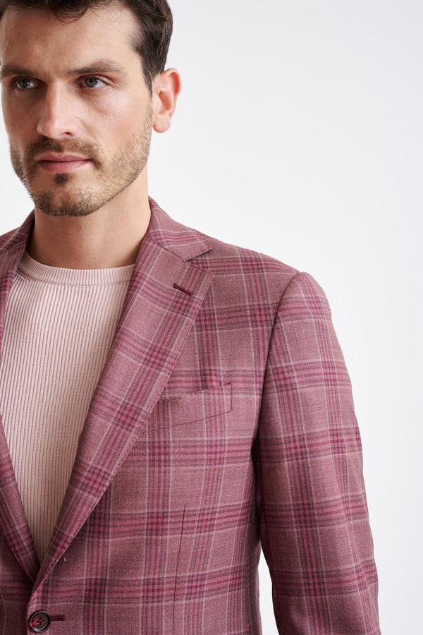 Scabal Pink Check Burgundy Super 130's Wool Soho Jacket Mosaic