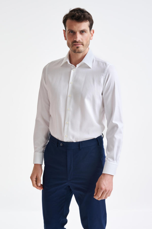 scabal Plain White Cotton Natural Stretch Honeycomb Formal Shirt