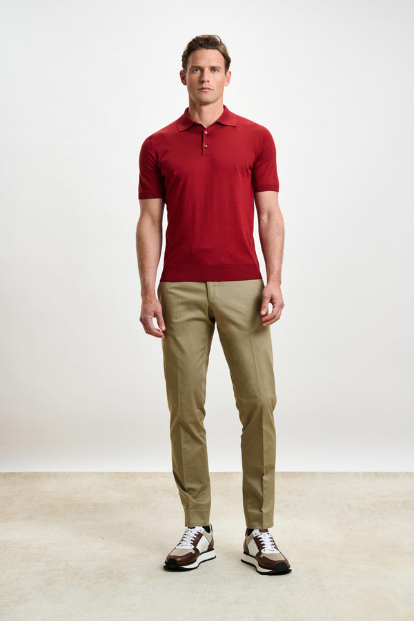 Scabal Red Silk Knitted Kendal Short Sleeve 3 Button Polo Shirt