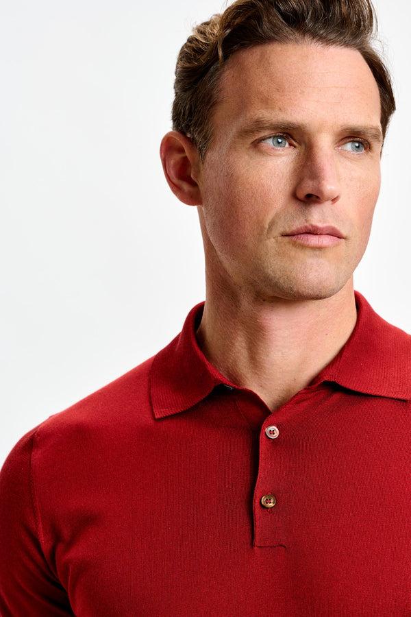 Scabal Red Silk Knitted Kendal Short Sleeve 3 Button Polo Shirt