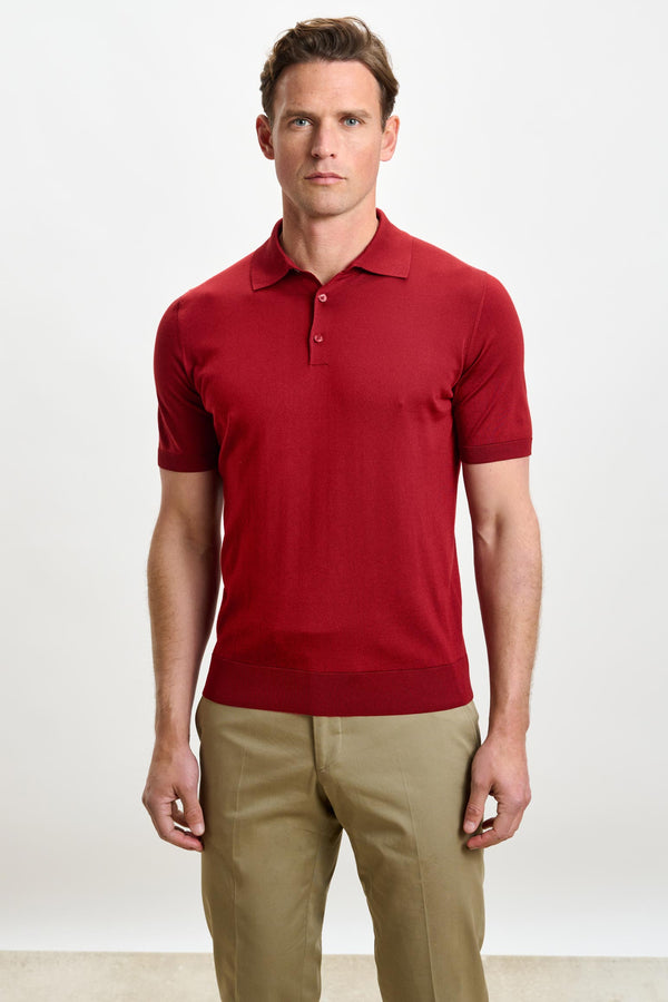 scabal Red Silk Knitted Kendal Short Sleeve 3 Button Polo Shirt