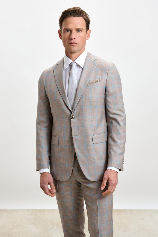 Scabal Beige Turquoise Check Kenton Suit Sleek