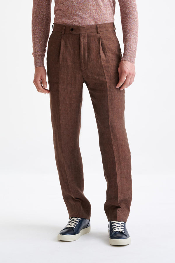 scabal Brown Linen Farley Trousers Pure Linen