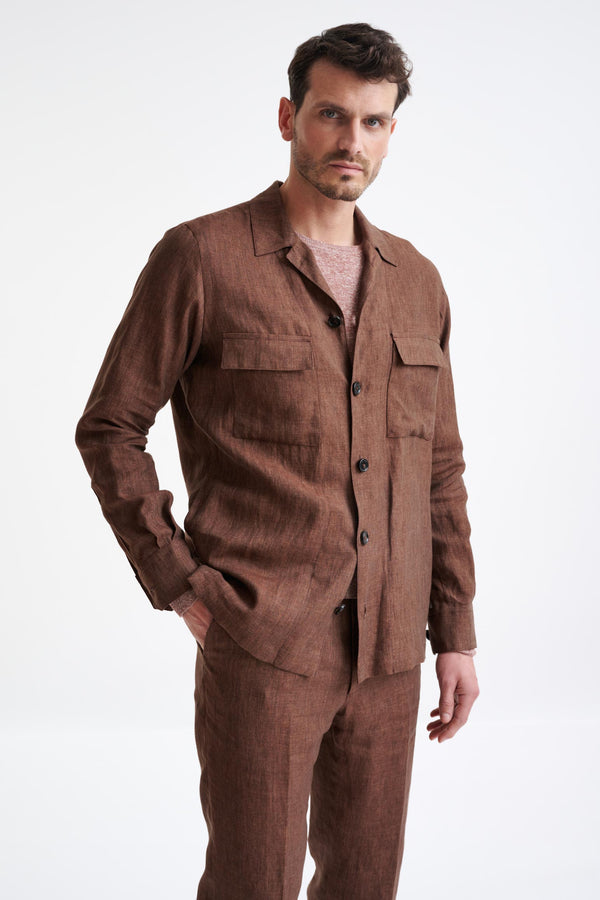 scabal Brown Plymouth Shirt Jacket Pure Linen