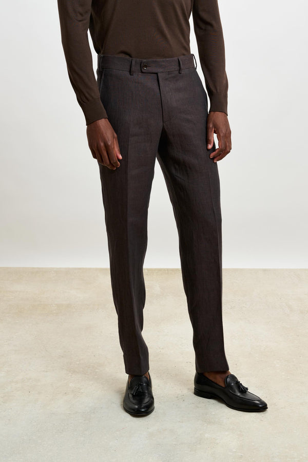 scabal Dark Brown Farley Trousers Pure Linen