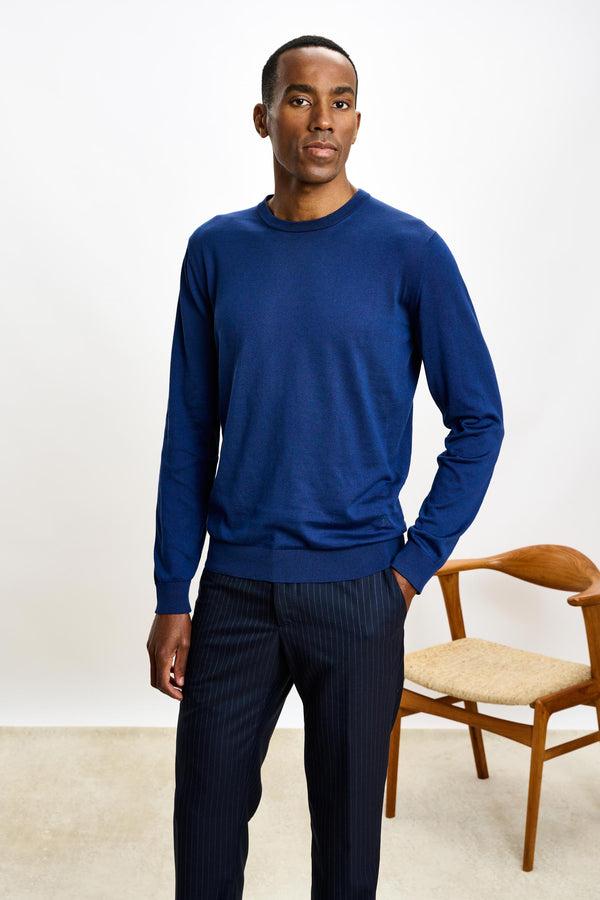 Scabal Ink Blue Silk Crewe Long Sleeve Sweater