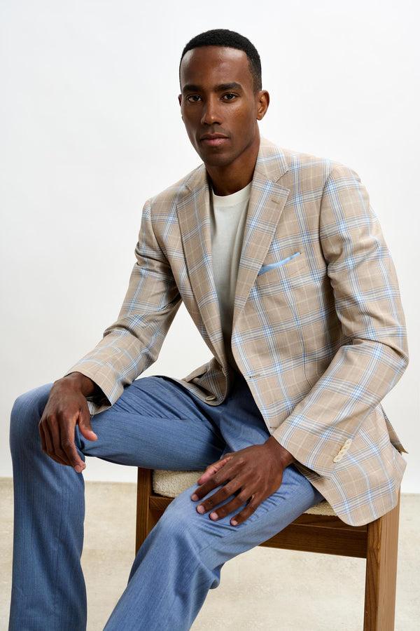 Scabal Light Beige & Blue Check Soho Jacket Mosaic