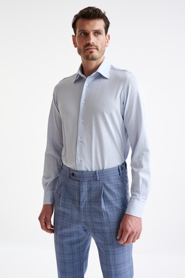 scabal Light Steel Blue Cotton Piquet Casual Shirt