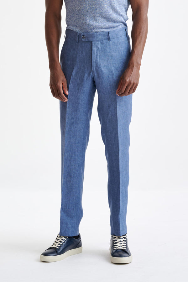 scabal Mid-Blue Linen Farley Trousers Pure Linen