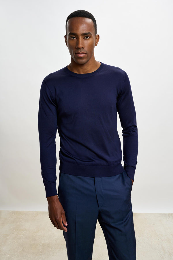 scabal Navy Silk Crewe Long Sleeve Sweater