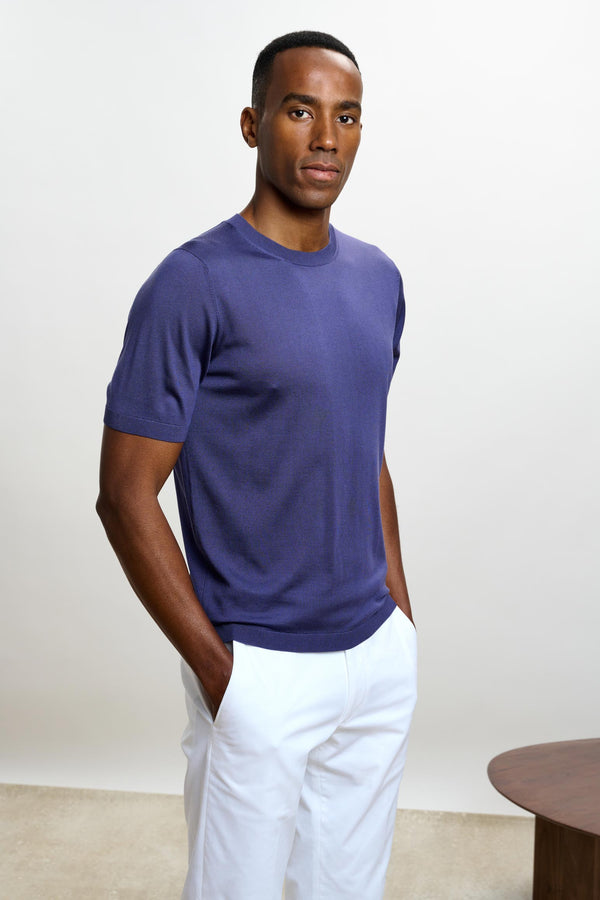 scabal Navy Silk Penryn Short Sleeve Sweater