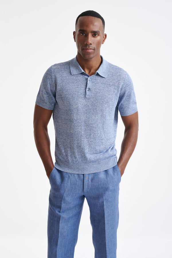 scabal Steel Blue Linen Cotton Rye Polo Shirt