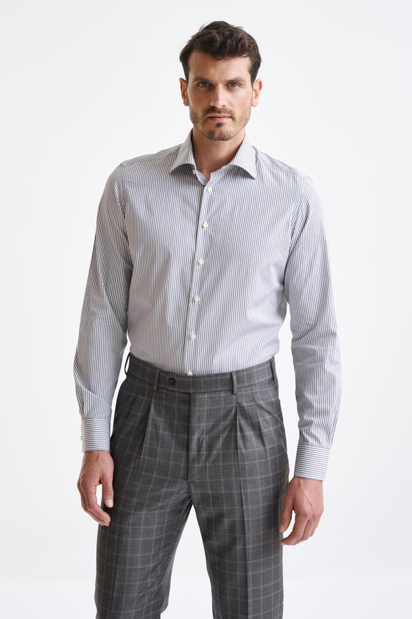 scabal Striped Grey 100% Cotton Poplin Formal Shirt