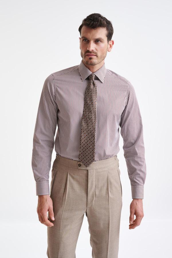 scabal Striped Brown 100% Cotton Poplin Formal Shirt