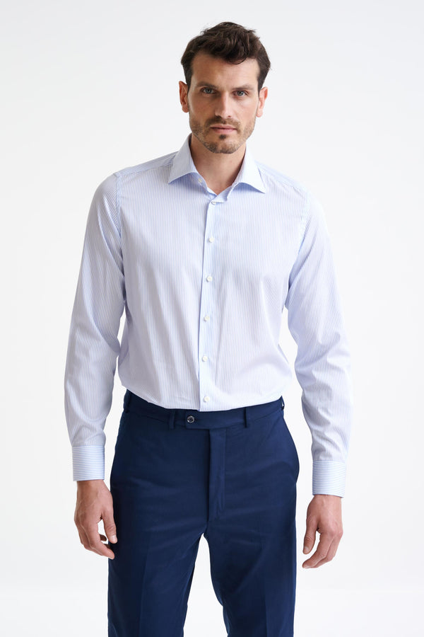 scabal Striped White & Blue 100% Cotton Poplin Formal Shirt