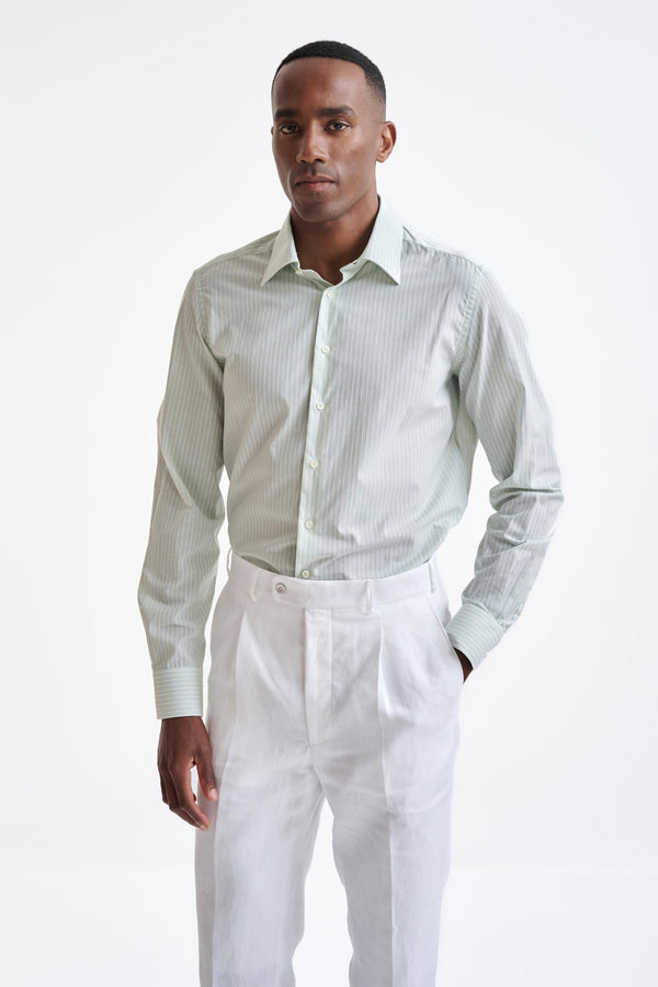 scabal Striped White & Green 100% Cotton Oxford Formal Shirt