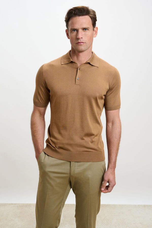 scabal Tobacco Silk Knitted Kendal Short Sleeve 3 Button Polo Shirt