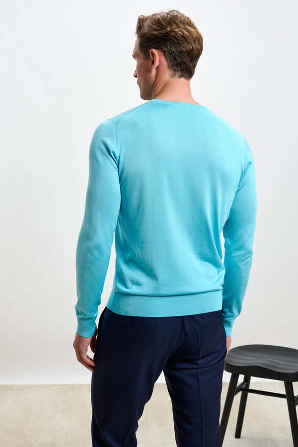 Scabal Turquoise Blue Silk Crewe Long Sleeve Sweater