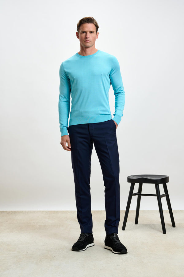 Scabal Turquoise Blue Silk Crewe Long Sleeve Sweater