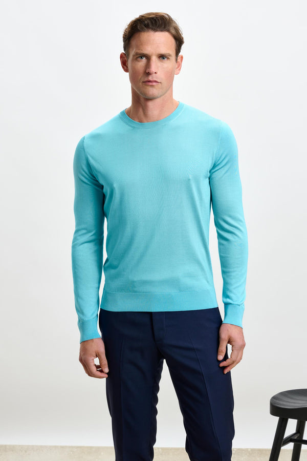 scabal Turquoise Blue Silk Crewe Long Sleeve Sweater