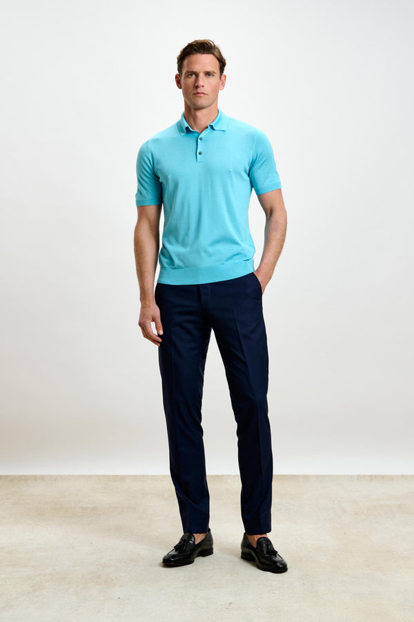 Scabal Turquoise Blue Silk Knitted Kendal Short Sleeve 3 Button Polo Shirt