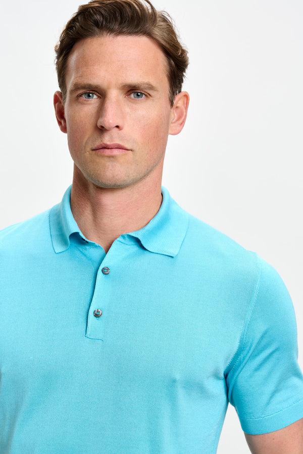 Scabal Turquoise Blue Silk Knitted Kendal Short Sleeve 3 Button Polo Shirt