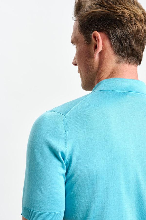 Scabal Turquoise Blue Silk Knitted Kendal Short Sleeve 3 Button Polo Shirt
