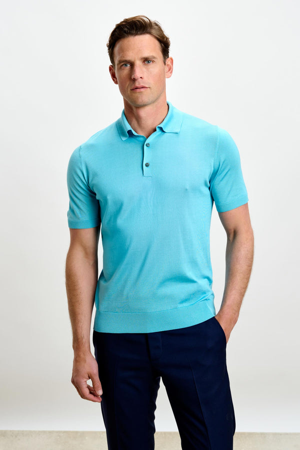 scabal Turquoise Blue Silk Knitted Kendal Short Sleeve 3 Button Polo Shirt