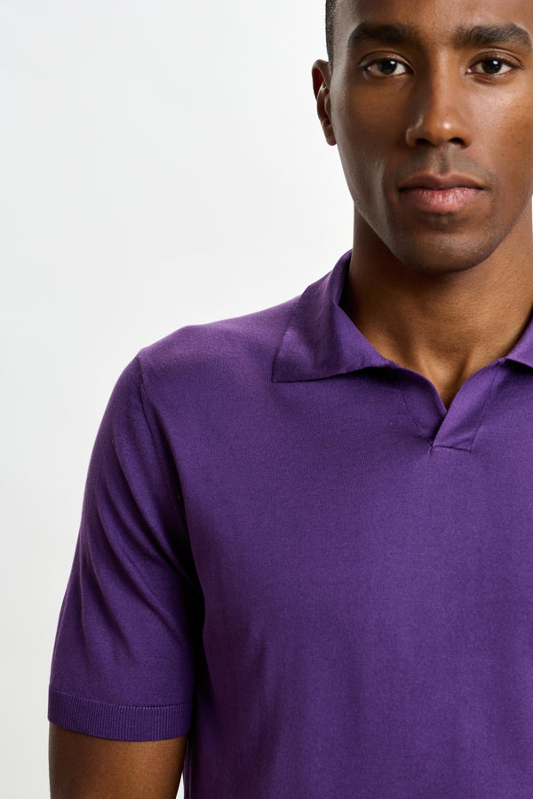 Scabal Violet Silk Knitted Short Sleeve Open Collar Cawdor Polo Shirt