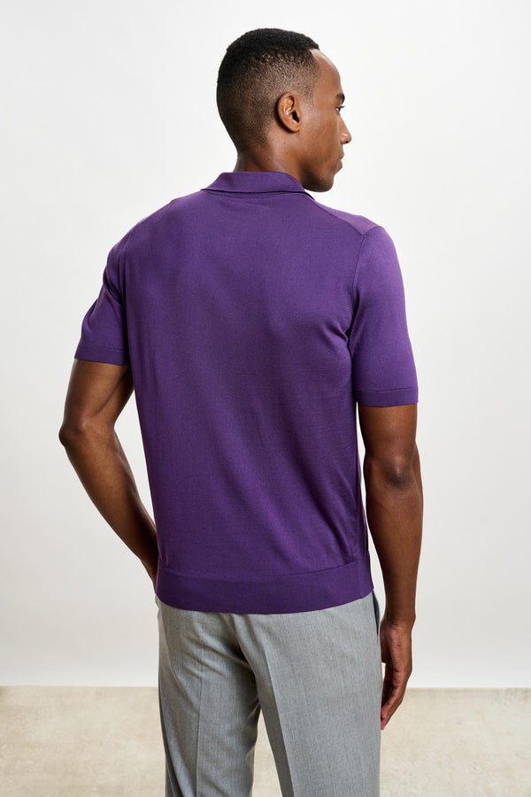 Scabal Violet Silk Knitted Short Sleeve Open Collar Cawdor Polo Shirt