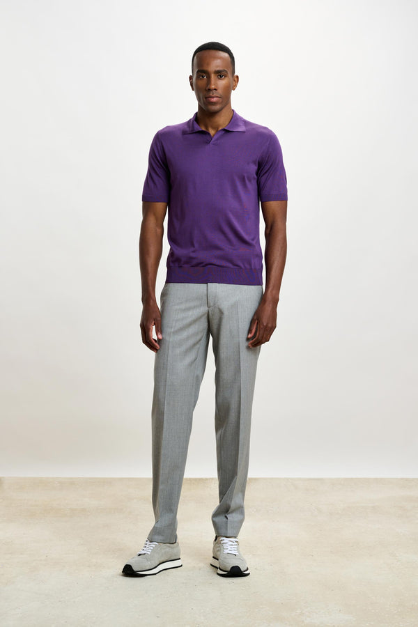 scabal Violet Silk Knitted Short Sleeve Open Collar Cawdor Polo Shirt