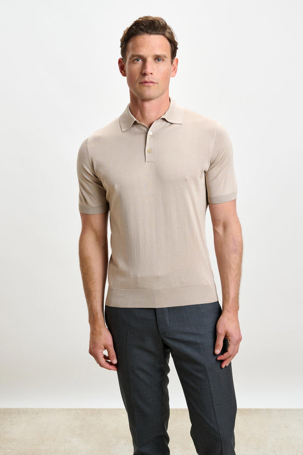 scabal Wood Beige Silk Knitted Kendal Short Sleeve 3 Button Polo Shirt