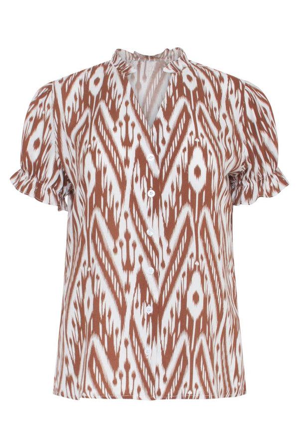 Smashed Lemon 23015 Stijlvolle Losvallende Top Met Aztec-Printv-Hals - / Alianne Top | White-Brown