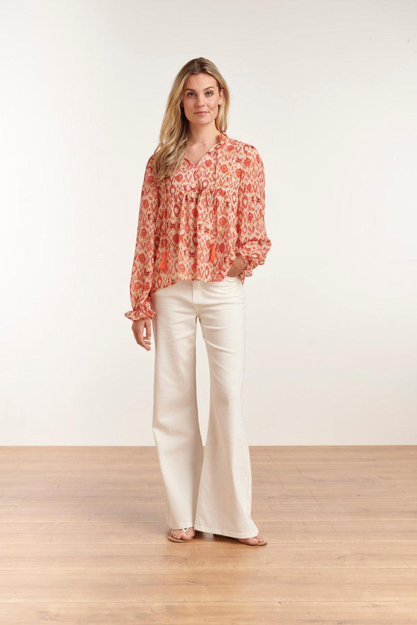 smashed lemon 23028 Losvallende Top Met Pofmouwen - Aztec Printbrique | Muticolour