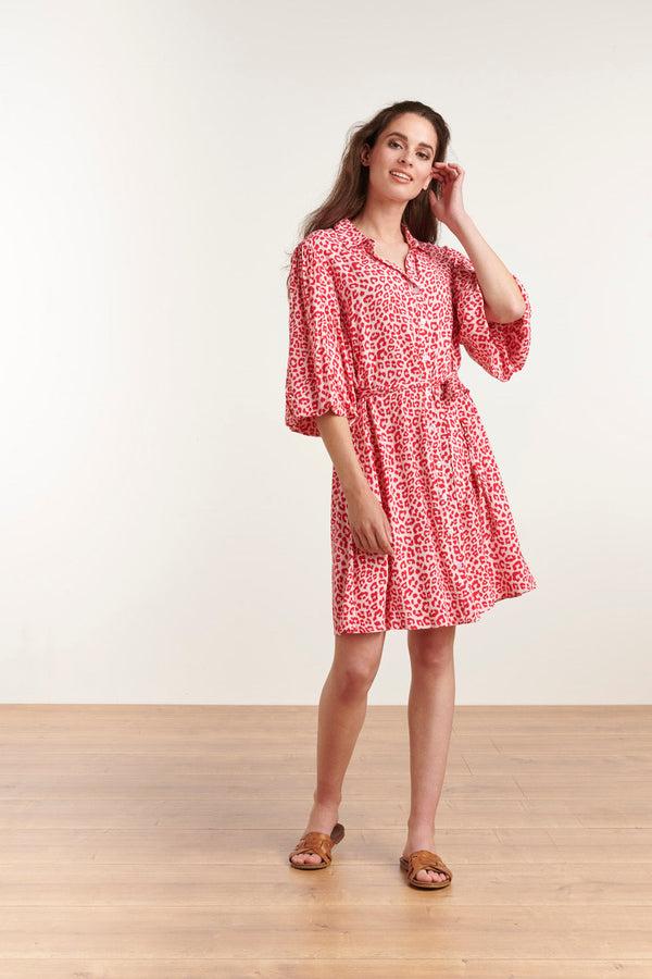 Smashed Lemon 23039 Women'S Stylish Casual Pink Red Collar Shirt Dress | Pink-Red