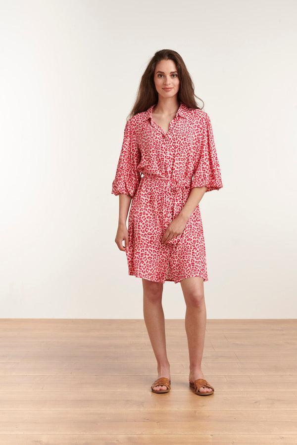 smashed lemon 23039 Women'S Stylish Casual Pink Red Collar Shirt Dress | Pink-Red