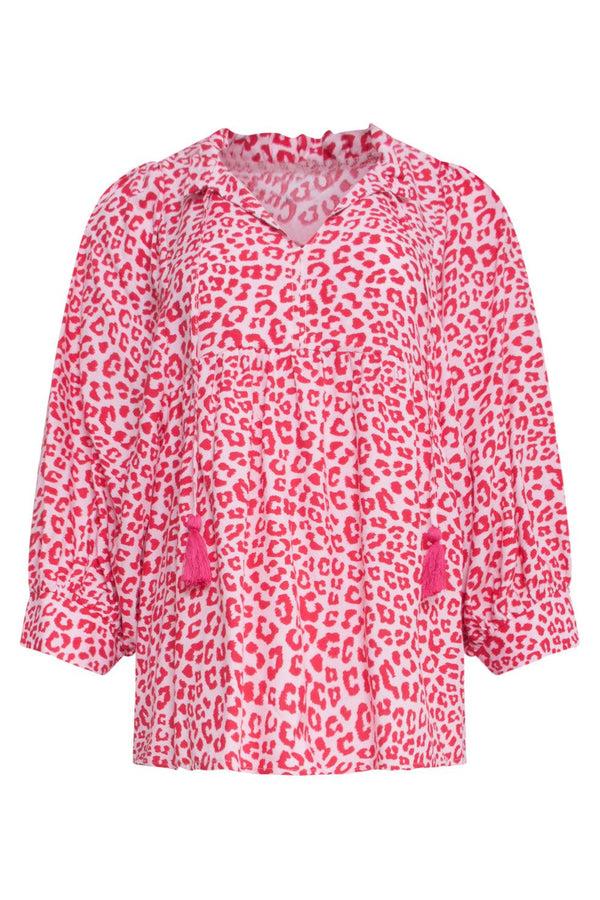 Smashed Lemon 23040 Opvallende Losvallende Top Met Pofmouwendierenprint - 100% Rayon | Pink-Red