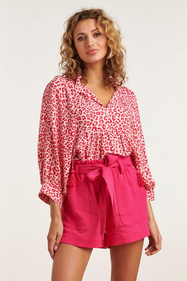 Smashed Lemon 23040 Opvallende Losvallende Top Met Pofmouwendierenprint - 100% Rayon | Pink-Red