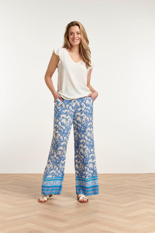 Smashed Lemon 23046 Lange Damesbroek Met Hoge Taillelosse Pasvorm | Blue-White