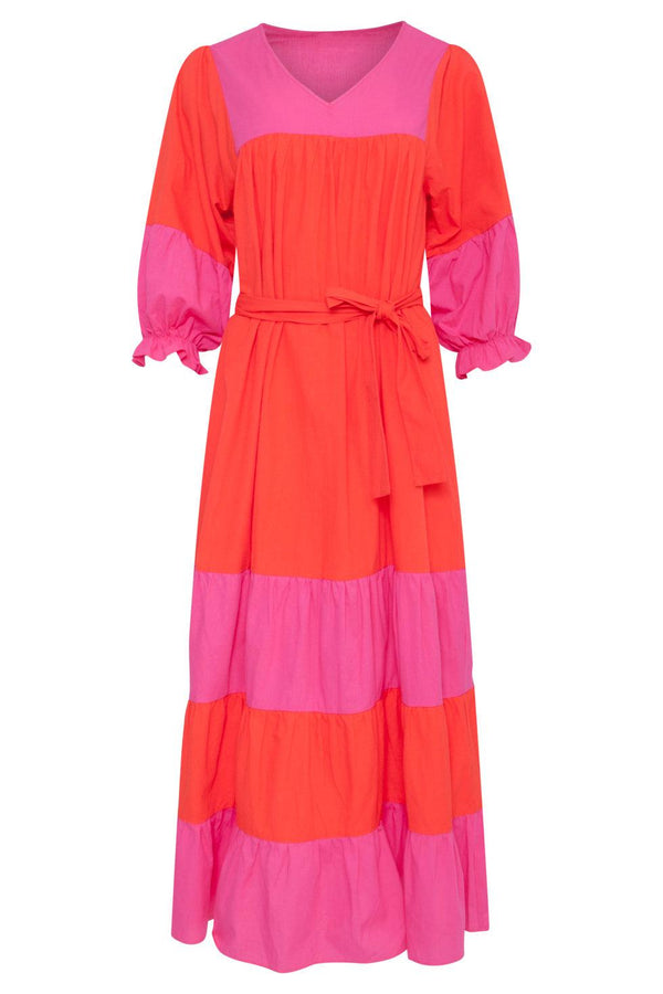 Smashed Lemon 23059 Katoenen Color Block Jurktrendy Fuchsia Voor De Lente/Zomer | Orange-Fuchsia