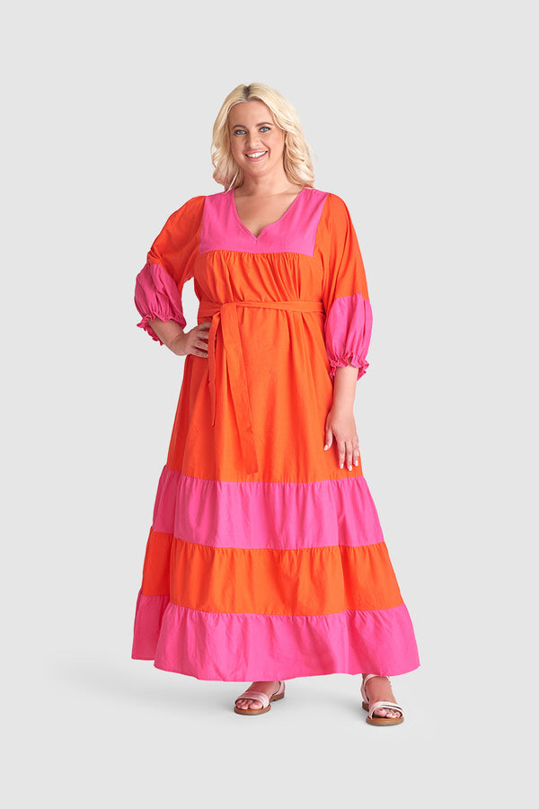 Smashed Lemon 23059 Katoenen Color Block Jurktrendy Fuchsia Voor De Lente/Zomer | Orange-Fuchsia