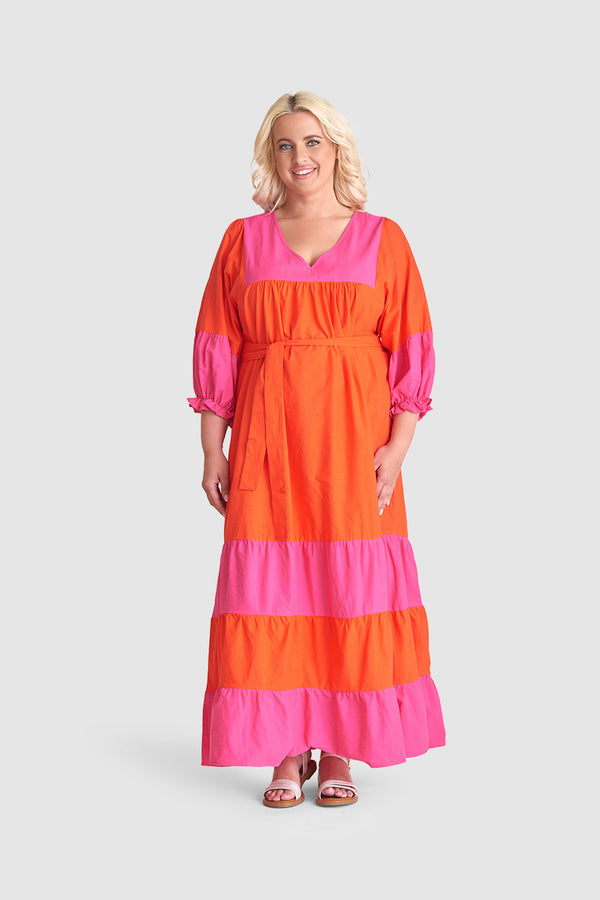 Smashed Lemon 23059 Katoenen Color Block Jurktrendy Fuchsia Voor De Lente/Zomer | Orange-Fuchsia