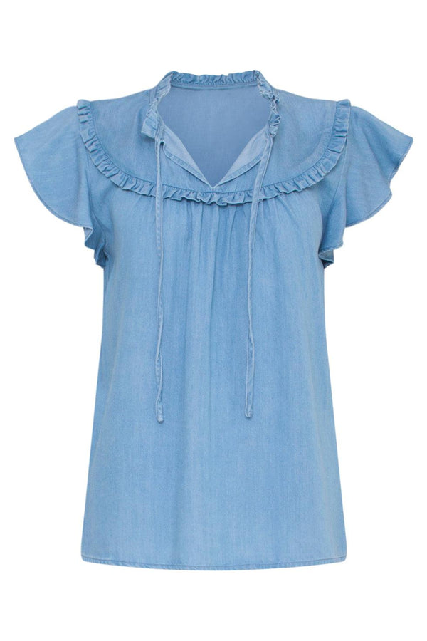 Smashed Lemon 23078 Licht Tencel Top Met Vlindermouwenruches | Medium Blue Denim