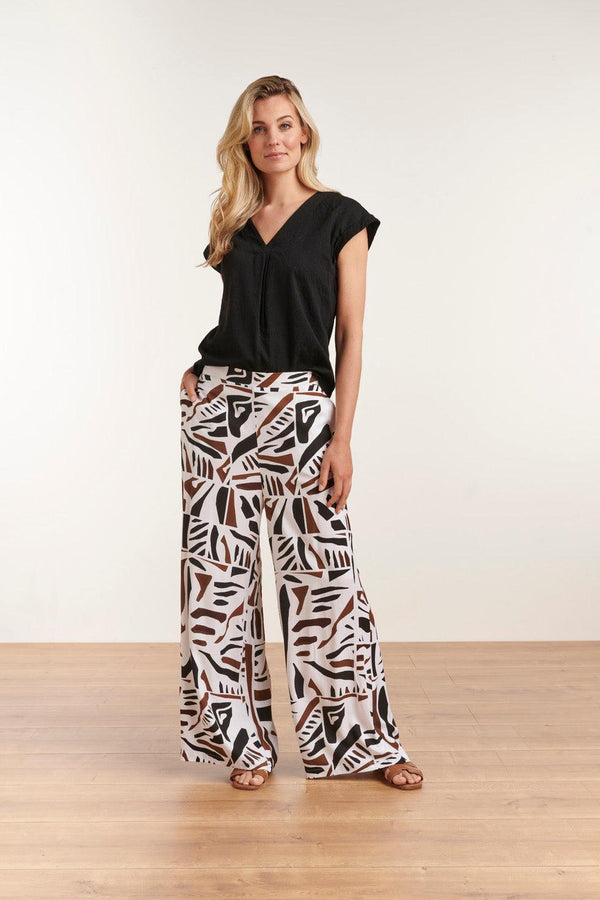 smashed lemon 23086 Abstracte Print Wijde Broek | Black-White