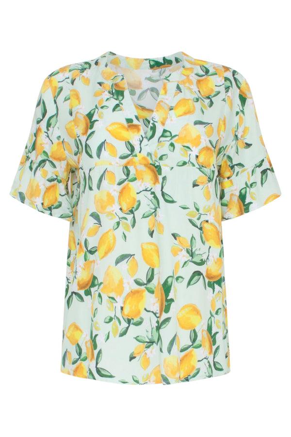 Smashed Lemon 23095 Women'S Casual Summer Short Sleeve Citroen Printed Tops | Light Green-Yellow