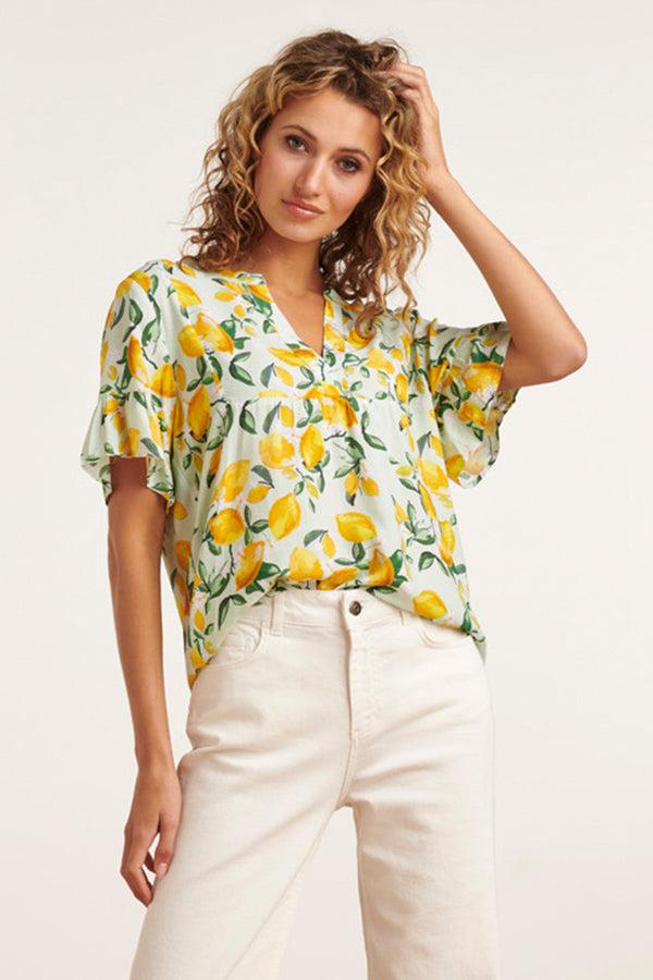 Smashed Lemon 23095 Women'S Casual Summer Short Sleeve Citroen Printed Tops | Light Green-Yellow